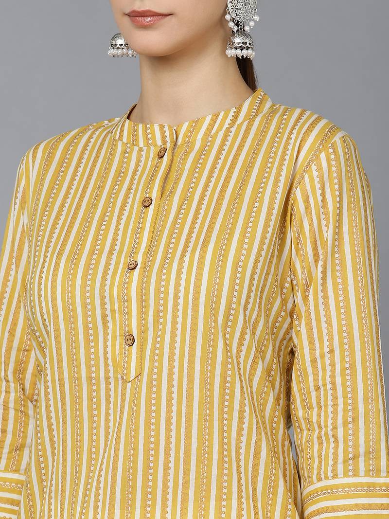 women mustard cotton striped printed straight kurta