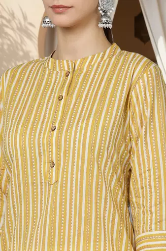 women mustard cotton striped printed straight kurta