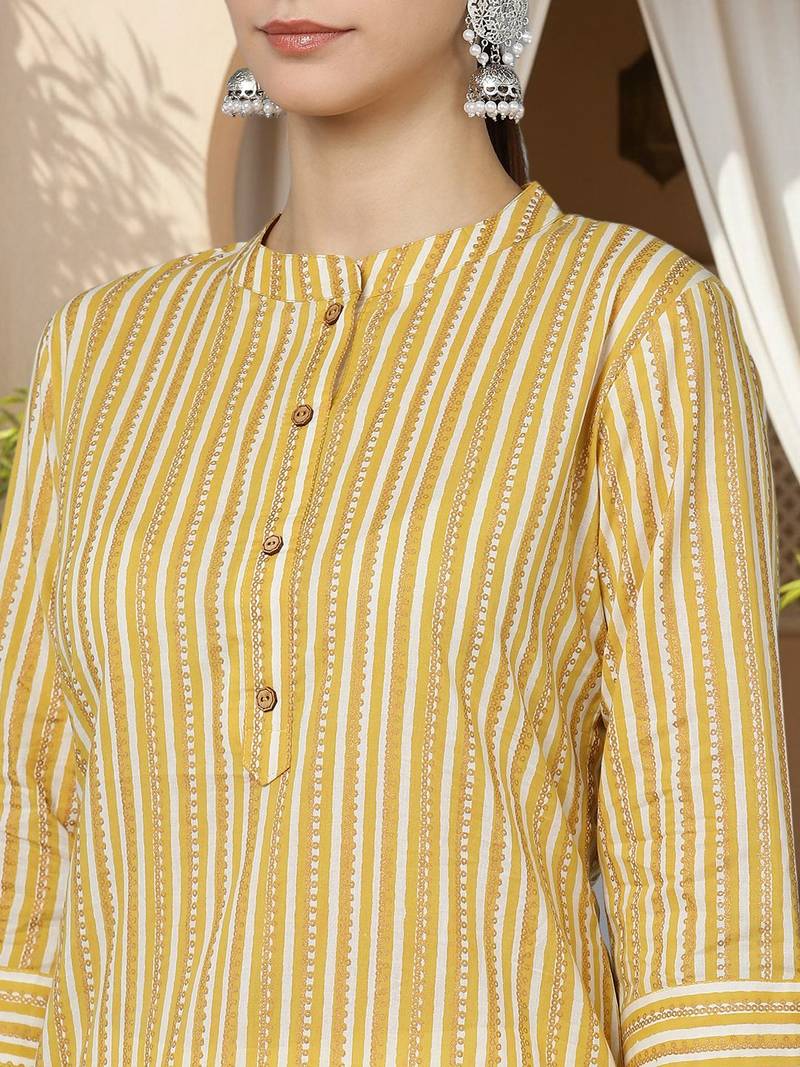 women mustard cotton striped printed straight kurta