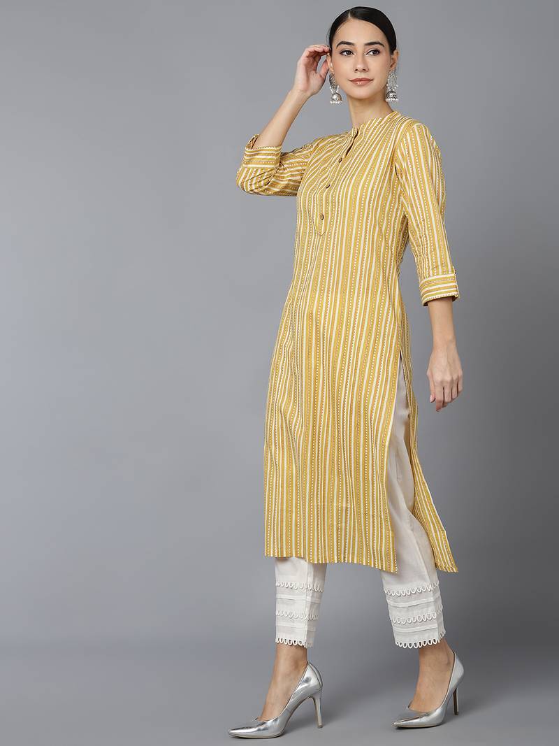women mustard cotton striped printed straight kurta