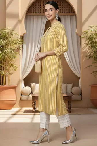 women mustard cotton striped printed straight kurta