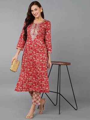 women red silk blend floral embroidered straight kurta 5