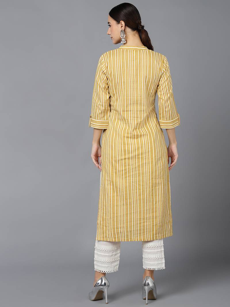 women mustard cotton striped printed straight kurta