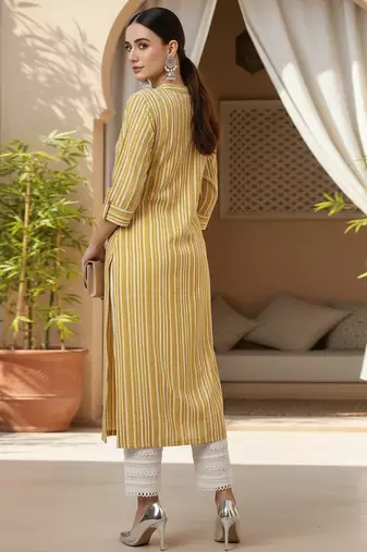women mustard cotton striped printed straight kurta