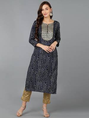 women navy blue viscose rayon bandhani embroidered straight kurta 1