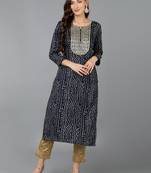 women navy blue viscose rayon bandhani embroidered straight kurta