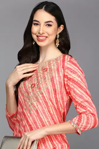 women peach viscose rayon leheriya embroidered straight kurta