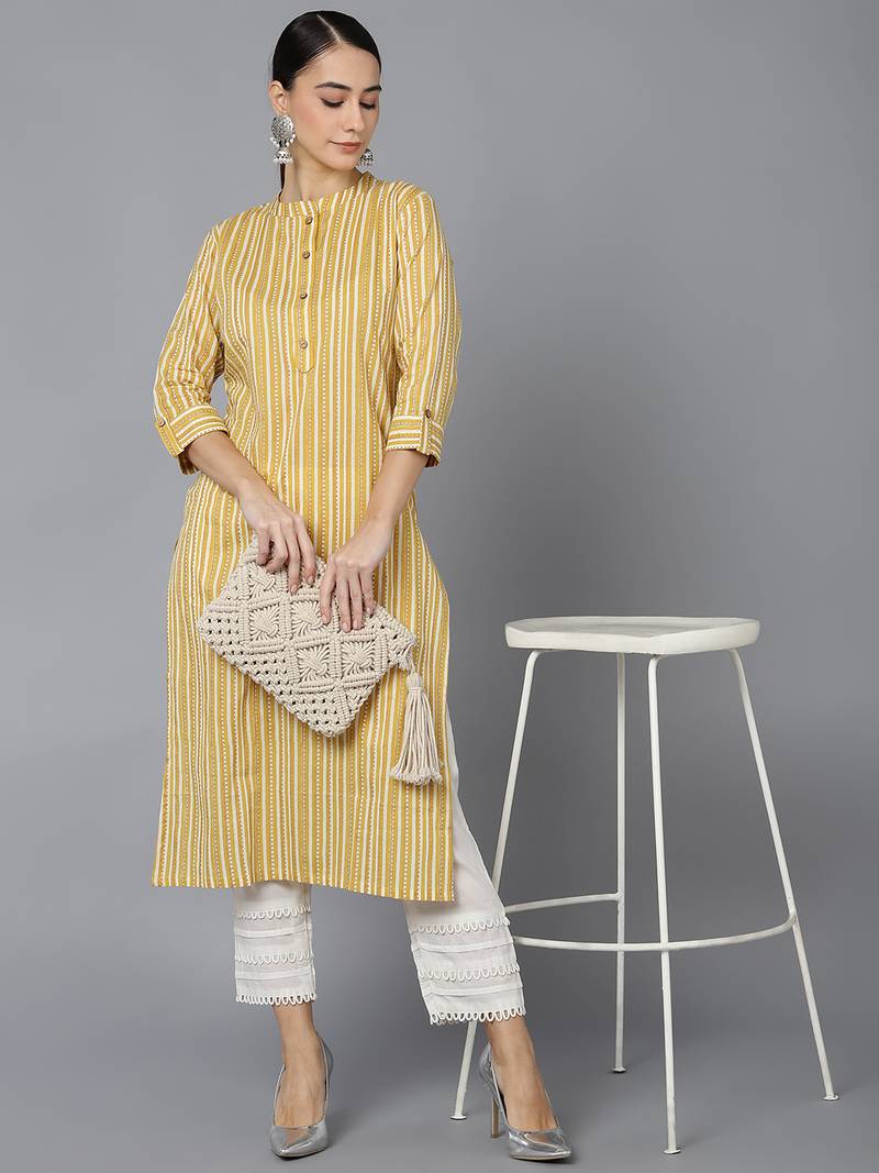 women mustard cotton striped printed straight kurta