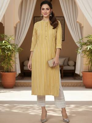 women mustard cotton striped printed straight kurta 5