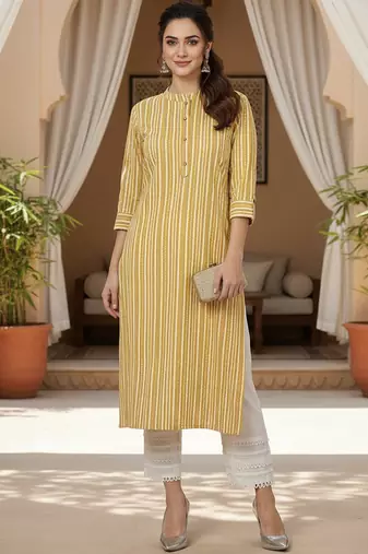 women mustard cotton striped printed straight kurta