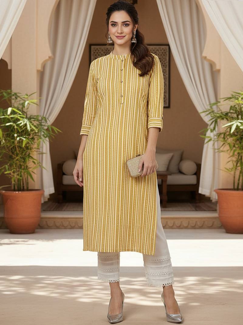 women mustard cotton striped printed straight kurta