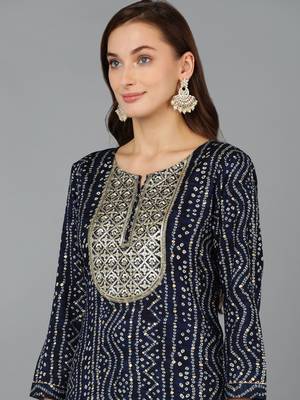 women navy blue viscose rayon bandhani embroidered straight kurta 2