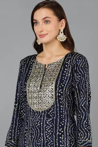 women navy blue viscose rayon bandhani embroidered straight kurta