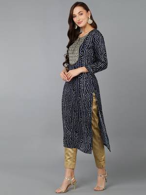 women navy blue viscose rayon bandhani embroidered straight kurta 3