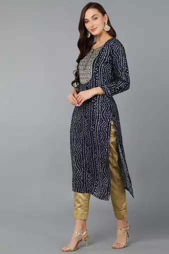 women navy blue viscose rayon bandhani embroidered straight kurta