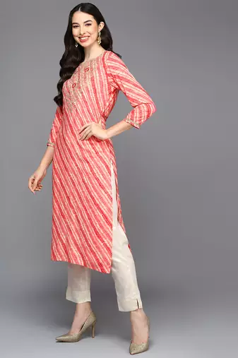 women peach viscose rayon leheriya embroidered straight kurta