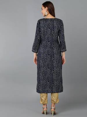 women navy blue viscose rayon bandhani embroidered straight kurta 4