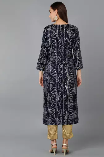 women navy blue viscose rayon bandhani embroidered straight kurta