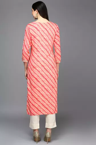 women peach viscose rayon leheriya embroidered straight kurta