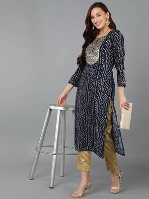 women navy blue viscose rayon bandhani embroidered straight kurta 5