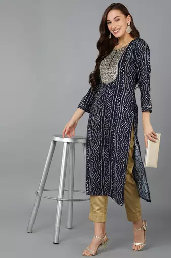 women navy blue viscose rayon bandhani embroidered straight kurta