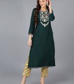 women green silk blend solid embroidered straight kurta