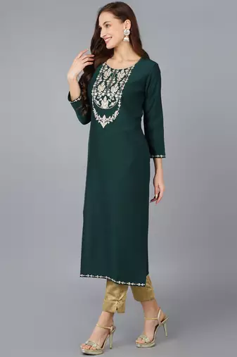 women green silk blend solid embroidered straight kurta