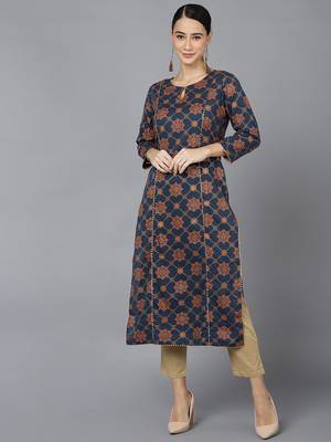 women navy blue cotton ethnic motifs printed straight kurta 1
