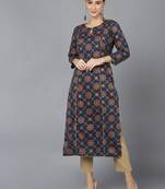 women navy blue cotton ethnic motifs printed straight kurta
