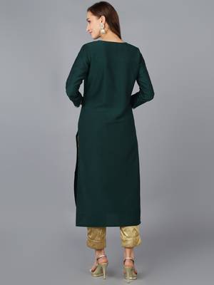 women green silk blend solid embroidered straight kurta 4