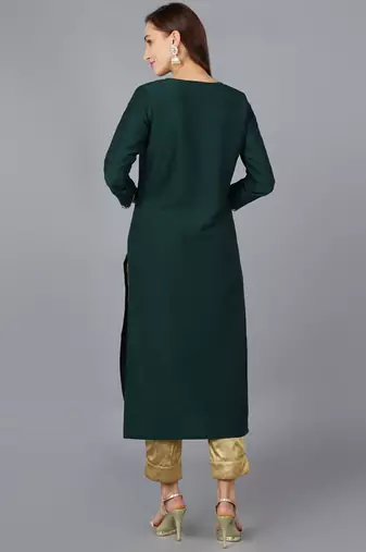 women green silk blend solid embroidered straight kurta