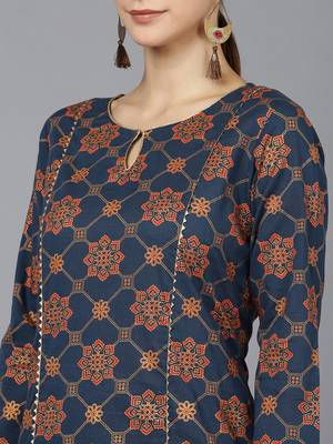 women navy blue cotton ethnic motifs printed straight kurta 2