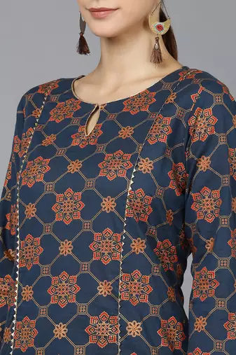 women navy blue cotton ethnic motifs printed straight kurta