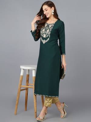 women green silk blend solid embroidered straight kurta 5