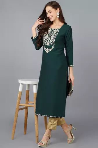 women green silk blend solid embroidered straight kurta