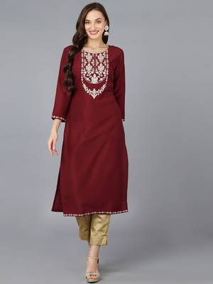 women maroon silk blend solid embroidered straight kurta 1