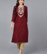 women maroon silk blend solid embroidered straight kurta