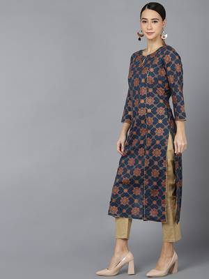 women navy blue cotton ethnic motifs printed straight kurta 3