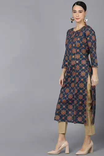 women navy blue cotton ethnic motifs printed straight kurta