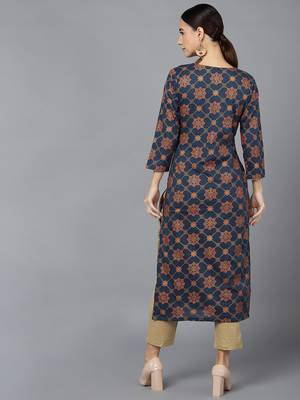 women navy blue cotton ethnic motifs printed straight kurta 4