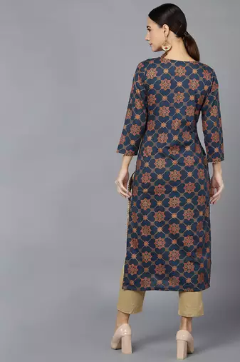 women navy blue cotton ethnic motifs printed straight kurta