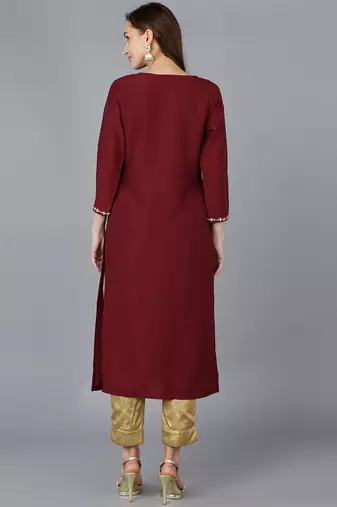women maroon silk blend solid embroidered straight kurta