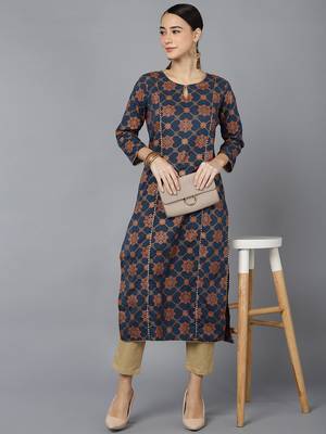 women navy blue cotton ethnic motifs printed straight kurta 5
