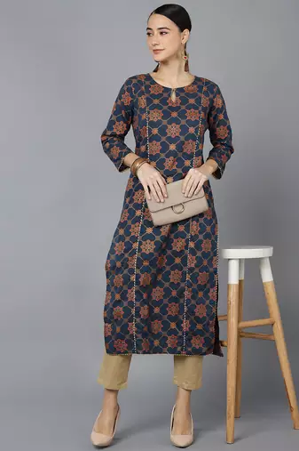 women navy blue cotton ethnic motifs printed straight kurta