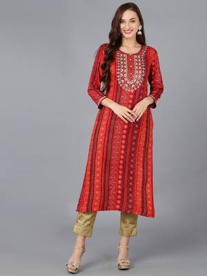 women red viscose rayon bandhani embroidered straight kurta 1