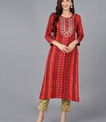 women red viscose rayon bandhani embroidered straight kurta