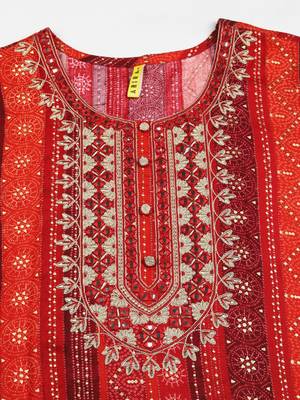 women red viscose rayon bandhani embroidered straight kurta 2