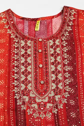 women red viscose rayon bandhani embroidered straight kurta