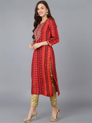 women red viscose rayon bandhani embroidered straight kurta 3