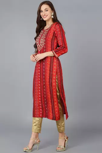 women red viscose rayon bandhani embroidered straight kurta